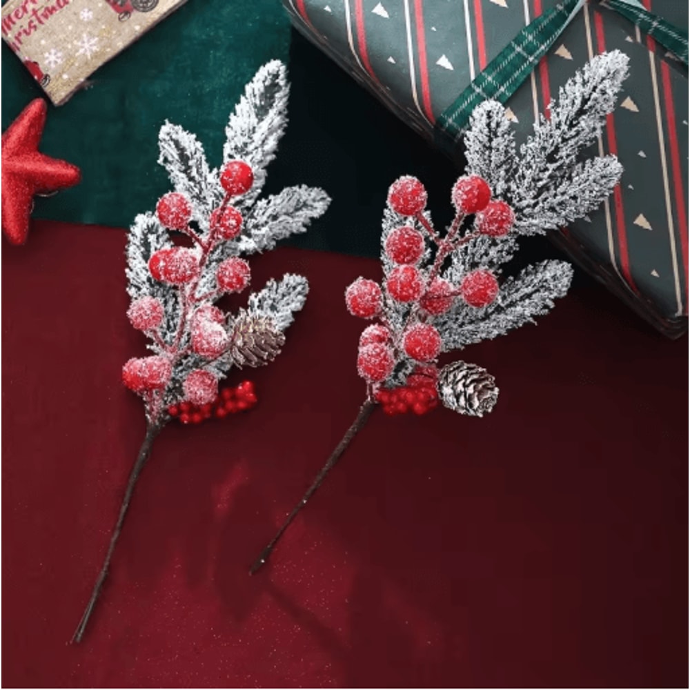 Artificial Pine Branch With Red Holly Berries Christmas Decoration 0