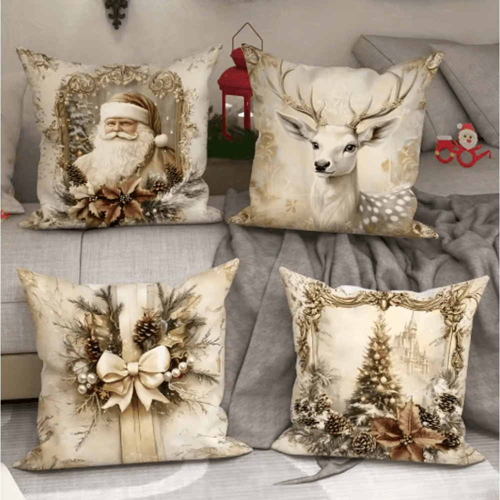 Festive Christmas Pillow Cover With Santa Claus Reindeer Design 7