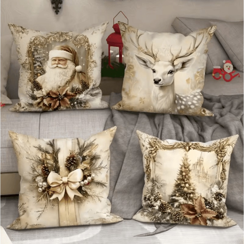 Festive Christmas Pillow Cover With Santa Claus Reindeer Design 7
