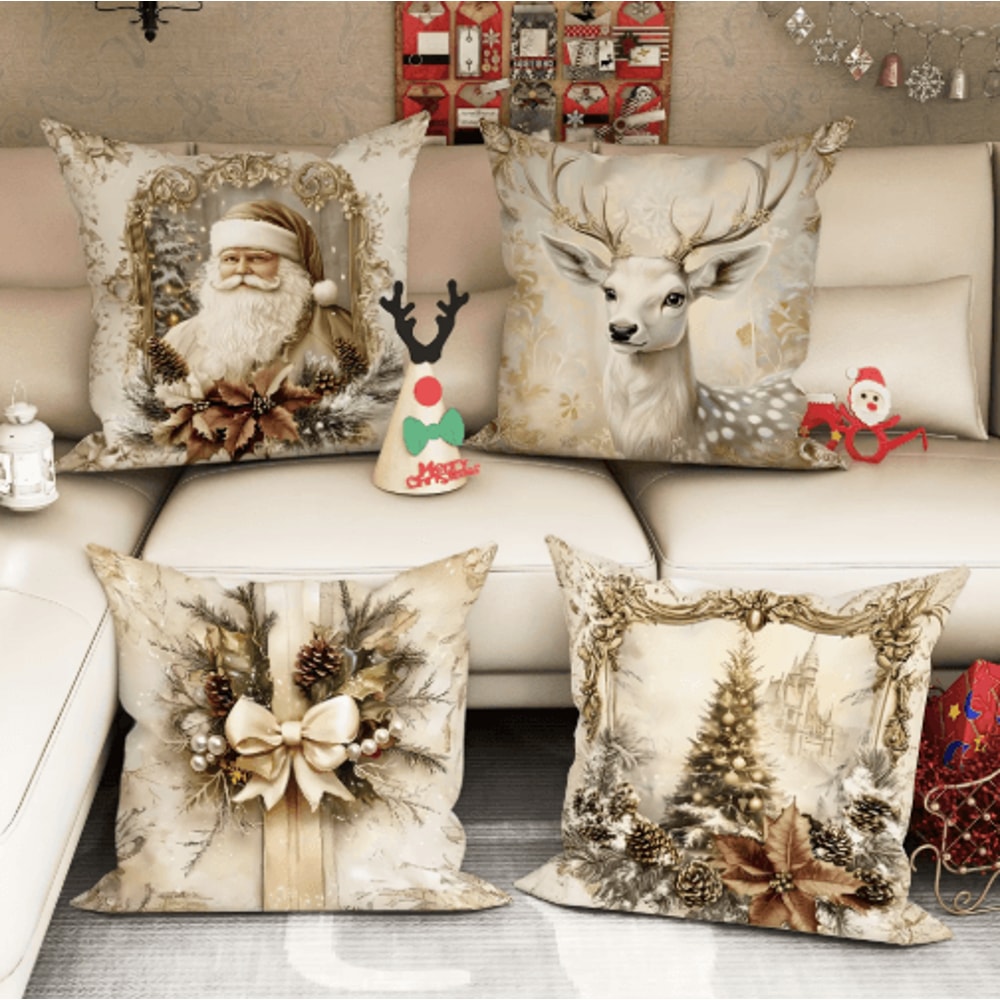 Festive Christmas Pillow Cover With Santa Claus Reindeer Design 8