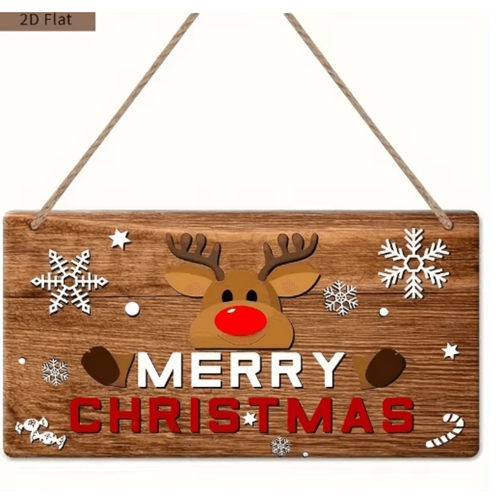 Rustic Merry Christmas Wooden Wall Sign With Reindeer Snowflakes 1