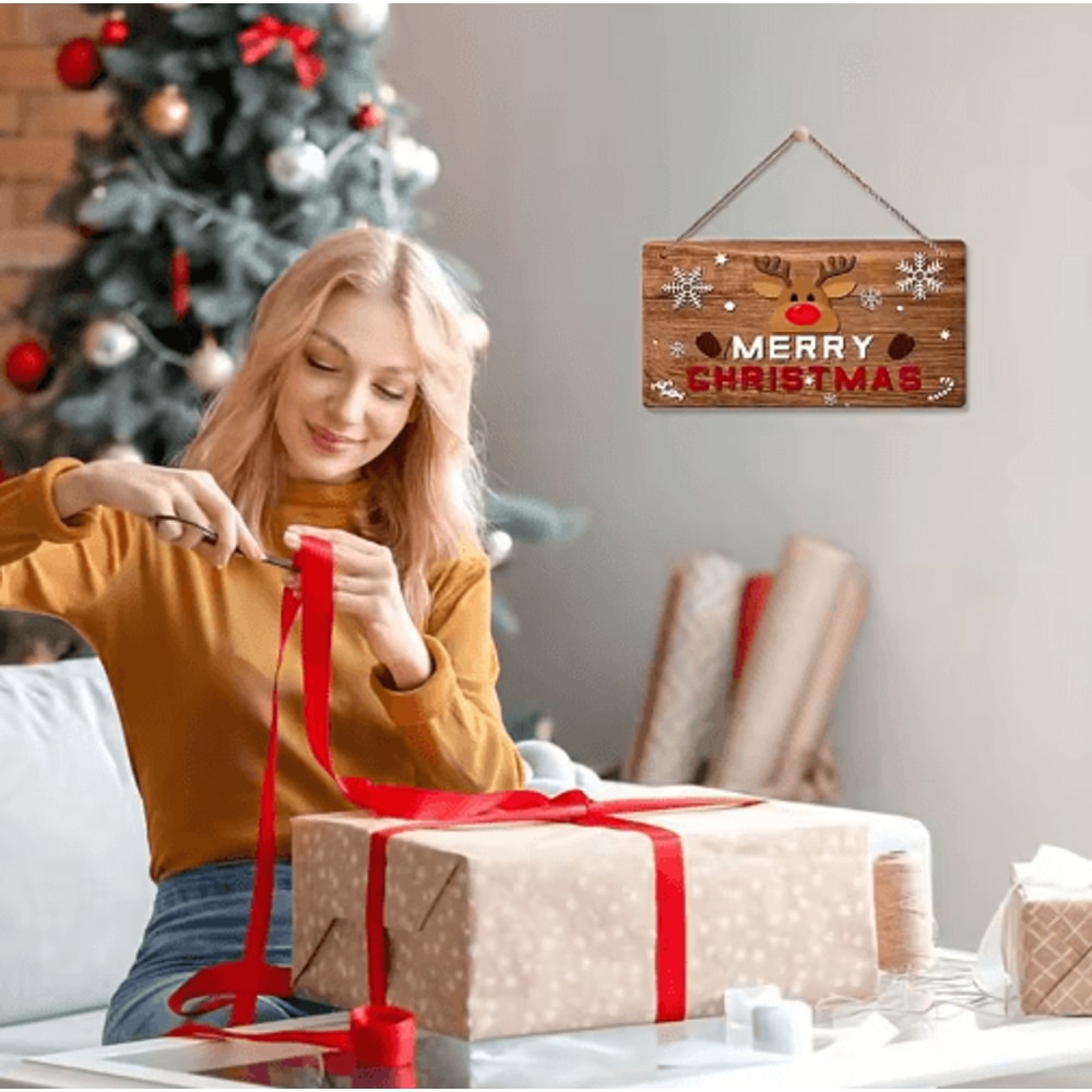 Rustic Merry Christmas Wooden Wall Sign With Reindeer Snowflakes 2