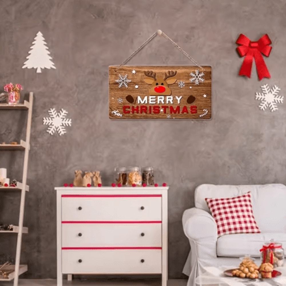 Rustic Merry Christmas Wooden Wall Sign With Reindeer Snowflakes 3