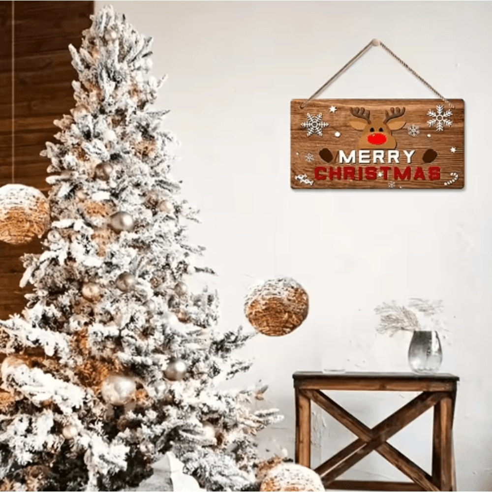 Rustic Merry Christmas Wooden Wall Sign With Reindeer Snowflakes 4