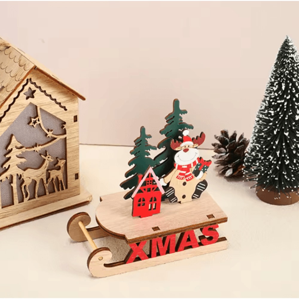Rustic Wooden Christmas Sleigh Decoration With Santa Snowman 1