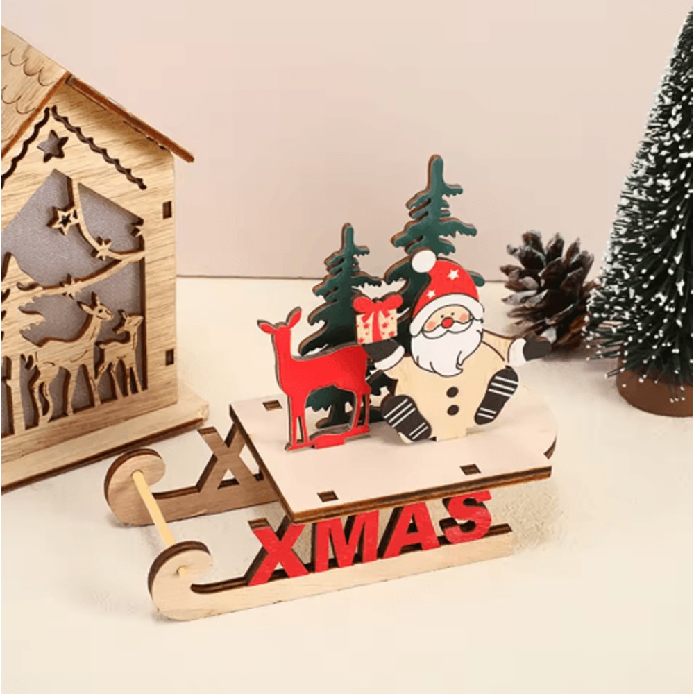 Rustic Wooden Christmas Sleigh Decoration With Santa Snowman 3