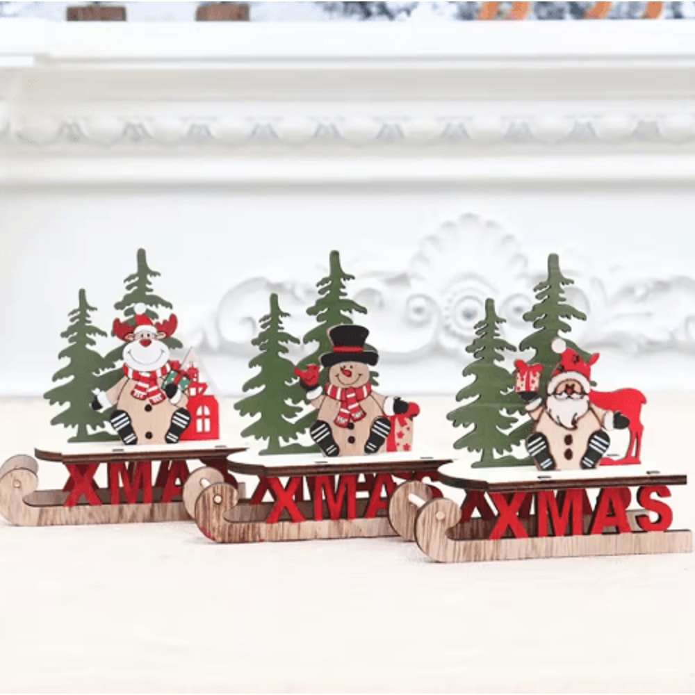 Rustic Wooden Christmas Sleigh Decoration With Santa Snowman 7