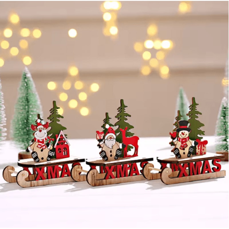 Rustic Wooden Christmas Sleigh Decoration With Santa Snowman 0