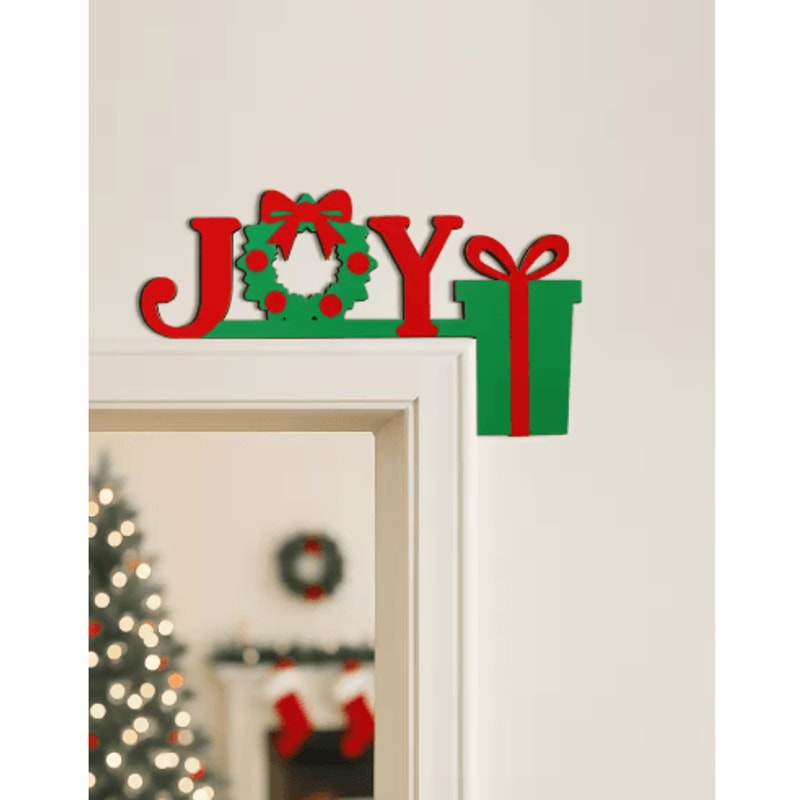 JOY Wreath Christmas Door Topper Festive Red Green Holiday Hanging Decor 0