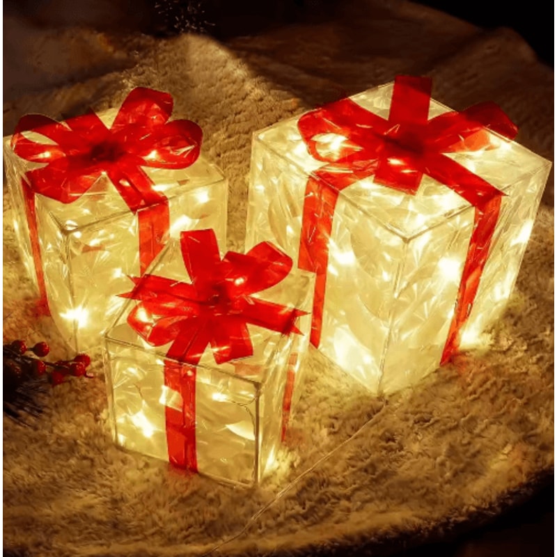 3Piece Lighted Christmas Gift Boxes LED Holiday Decorative Present Boxes For Tree Party Decor 3