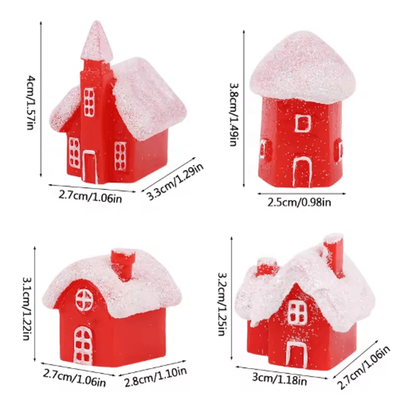 4Piece Christmas Village Miniature Houses Snowy Resin Red House Holiday Decor Set 1