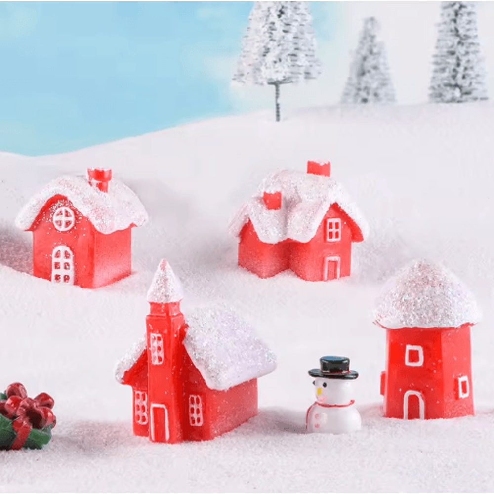 4Piece Christmas Village Miniature Houses Snowy Resin Red House Holiday Decor Set 2
