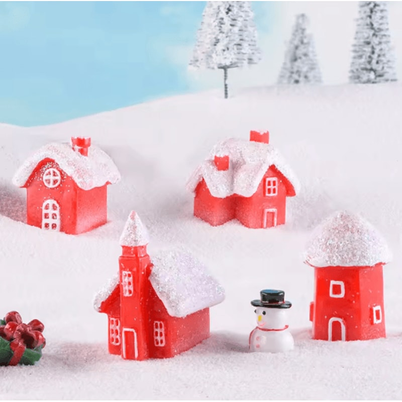 4Piece Christmas Village Miniature Houses Snowy Resin Red House Holiday Decor Set 2
