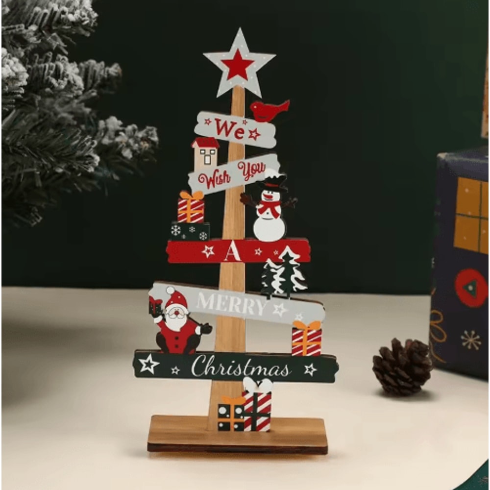 Rustic Wooden Christmas Tree Ornament Santa Snowman Merry Christmas Table Decor 1
