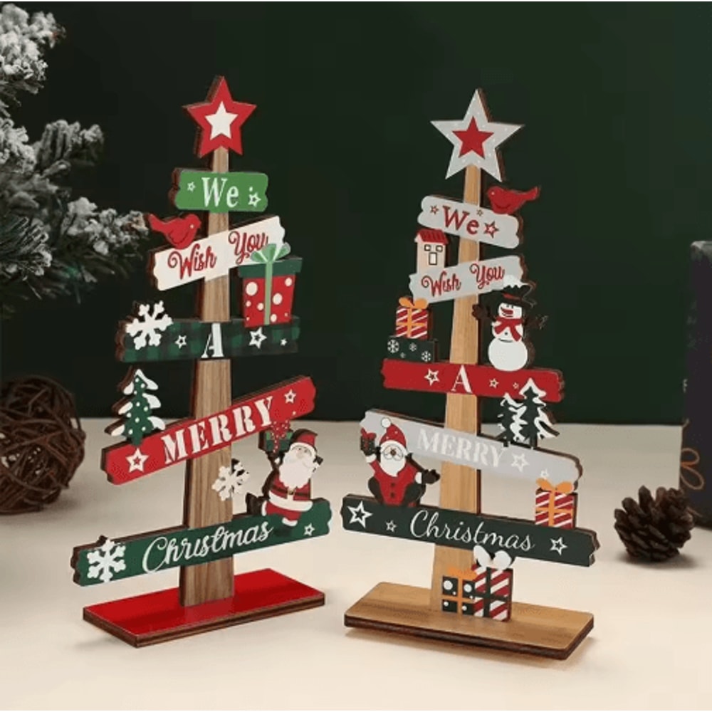 Rustic Wooden Christmas Tree Ornament Santa Snowman Merry Christmas Table Decor 0