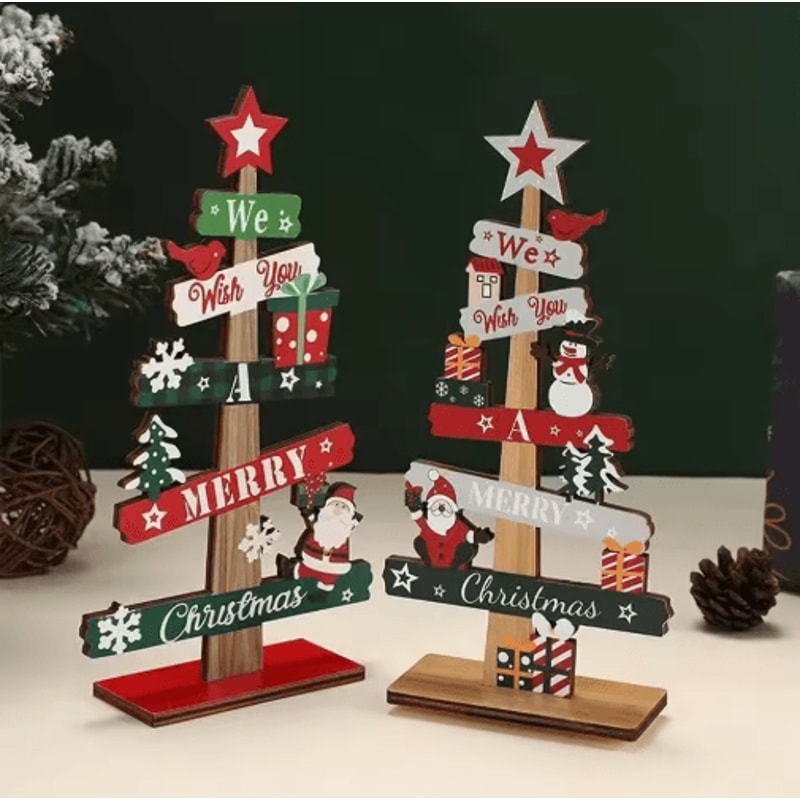 Rustic Wooden Christmas Tree Ornament Santa Snowman Merry Christmas Table Decor 0