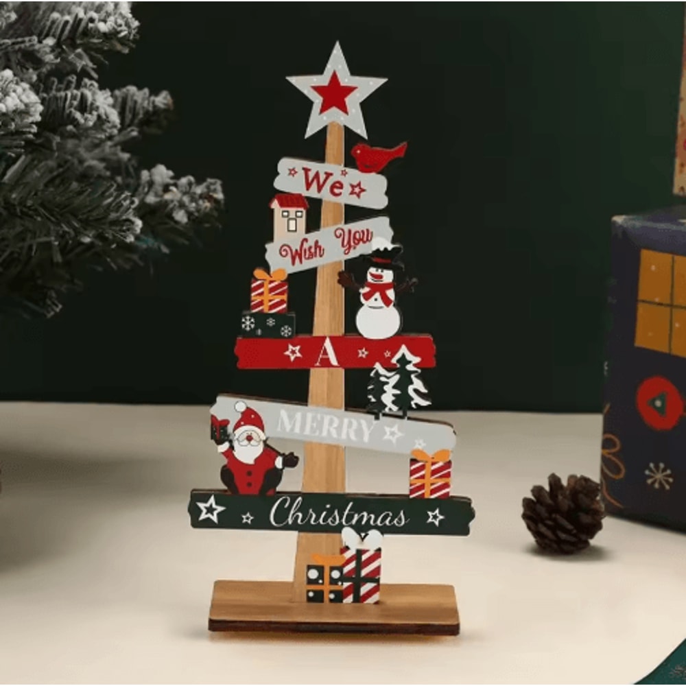Rustic Wooden Christmas Tree Ornament Santa Snowman Merry Christmas Table Decor 5