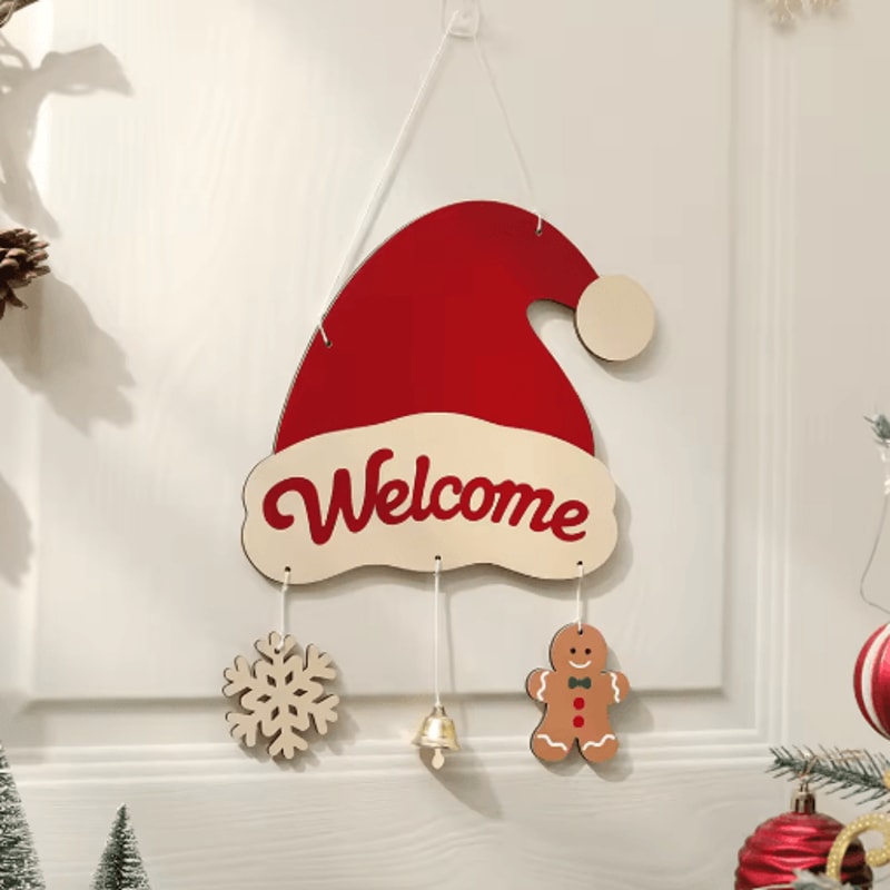 Rustic Wooden Christmas Wall Hanging Decor Santa Reindeer And Stocking Holiday Ornament 11