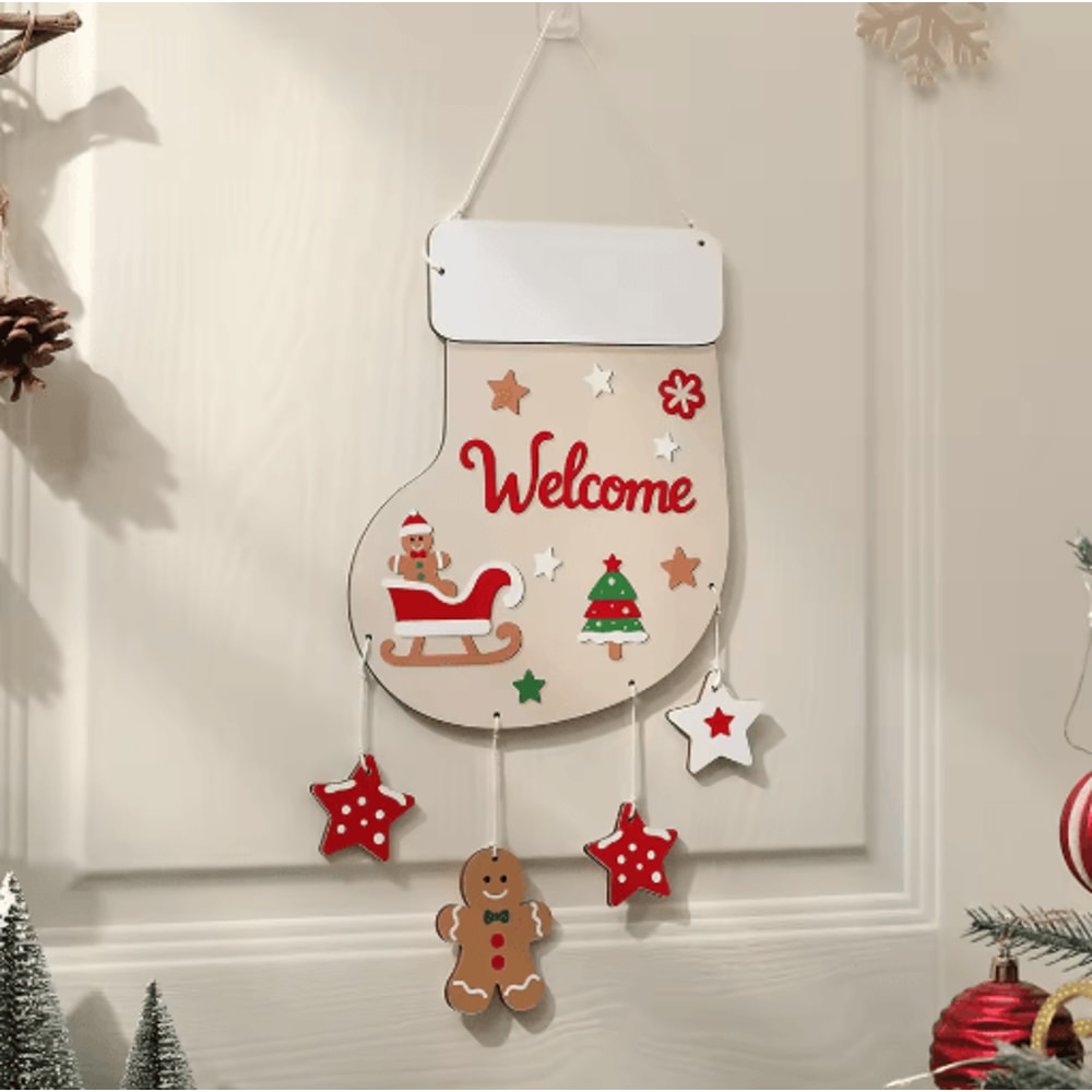 Rustic Wooden Christmas Wall Hanging Decor Santa Reindeer And Stocking Holiday Ornament 5