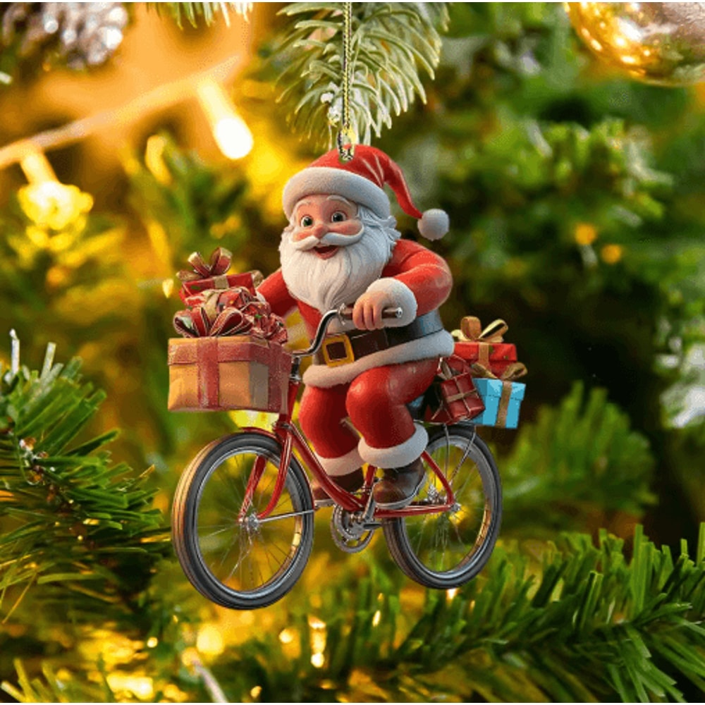 Santa Bicycle Acrylic Christmas Ornament Cartoon Holiday Tree Hanging Pendant 1