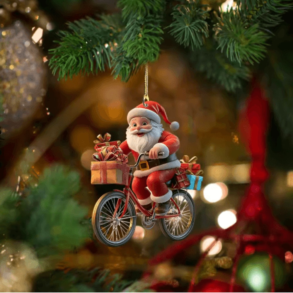 Santa Bicycle Acrylic Christmas Ornament Cartoon Holiday Tree Hanging Pendant 3