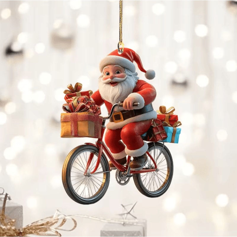 Santa Bicycle Acrylic Christmas Ornament Cartoon Holiday Tree Hanging Pendant 8