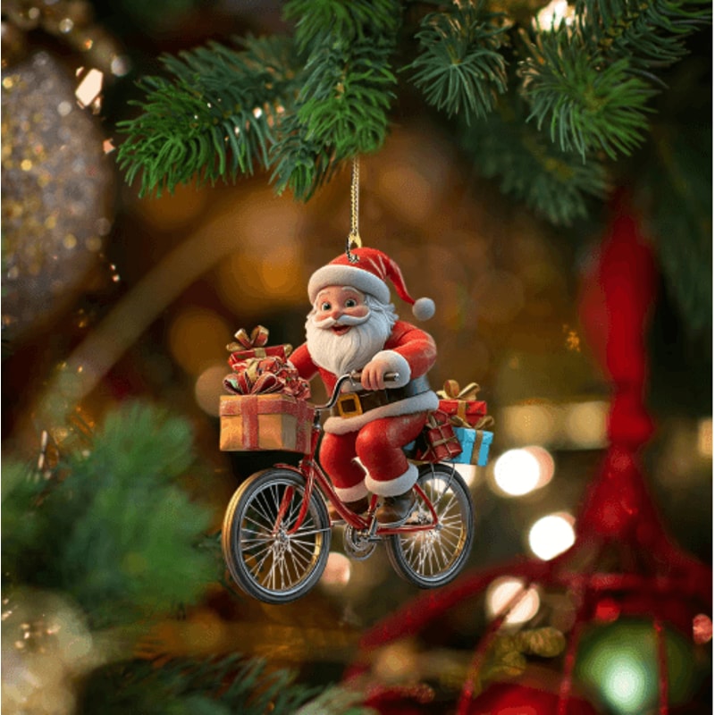 Santa Bicycle Acrylic Christmas Ornament Cartoon Holiday Tree Hanging Pendant 0