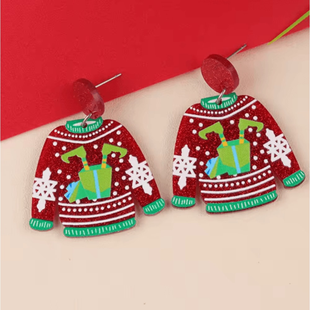 Festive Christmas Sweater Earrings Acrylic Santa And Snowflake Holiday Dangle Earrings 1
