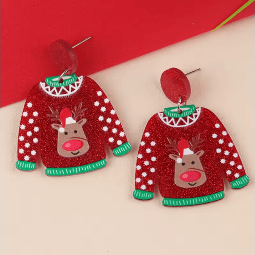 Festive Christmas Sweater Earrings Acrylic Santa And Snowflake Holiday Dangle Earrings 2