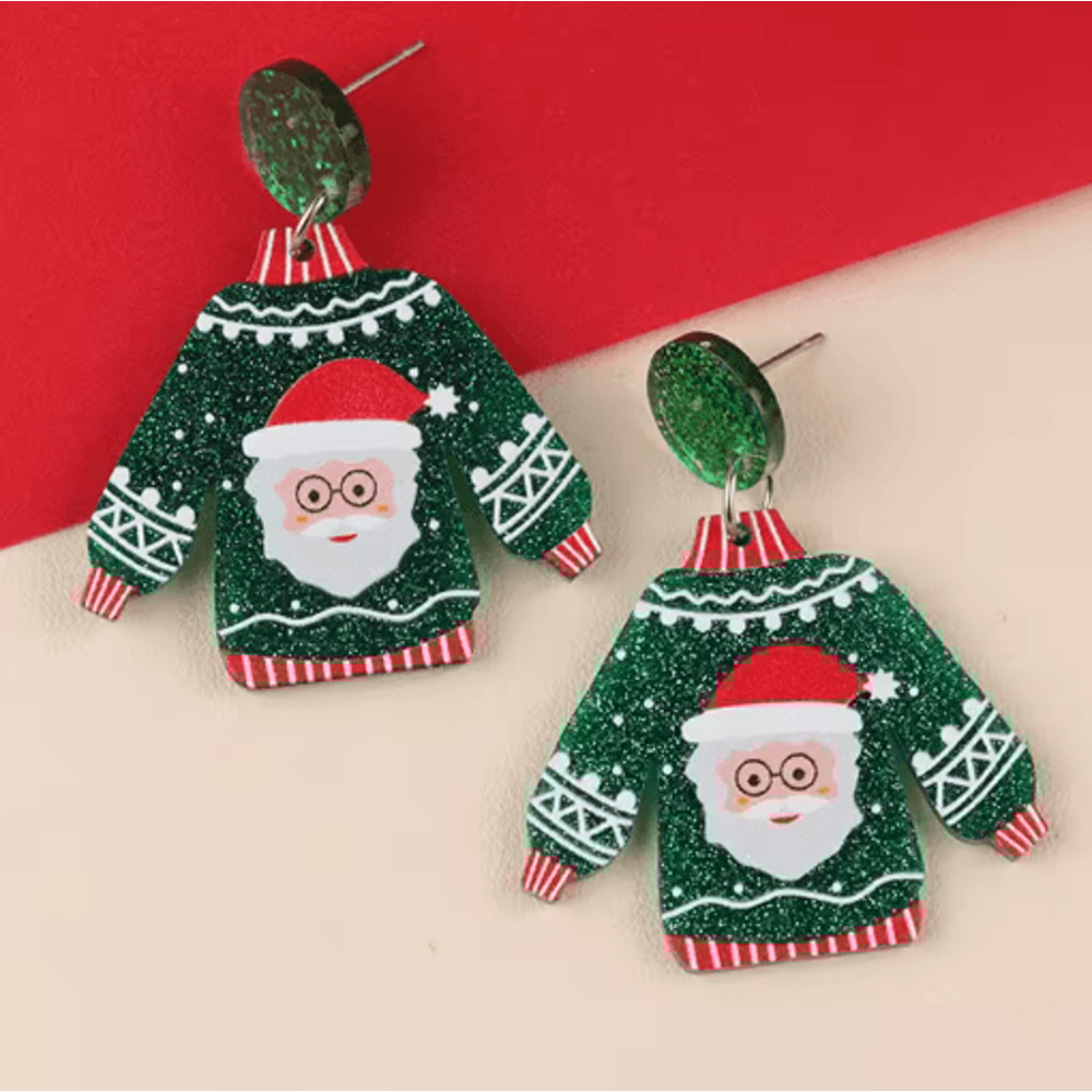 Festive Christmas Sweater Earrings Acrylic Santa And Snowflake Holiday Dangle Earrings 3
