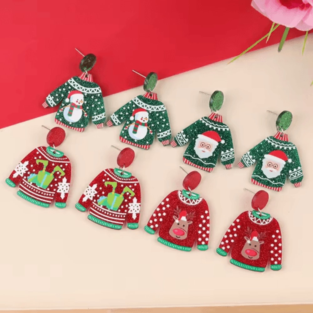 Festive Christmas Sweater Earrings Acrylic Santa And Snowflake Holiday Dangle Earrings 10
