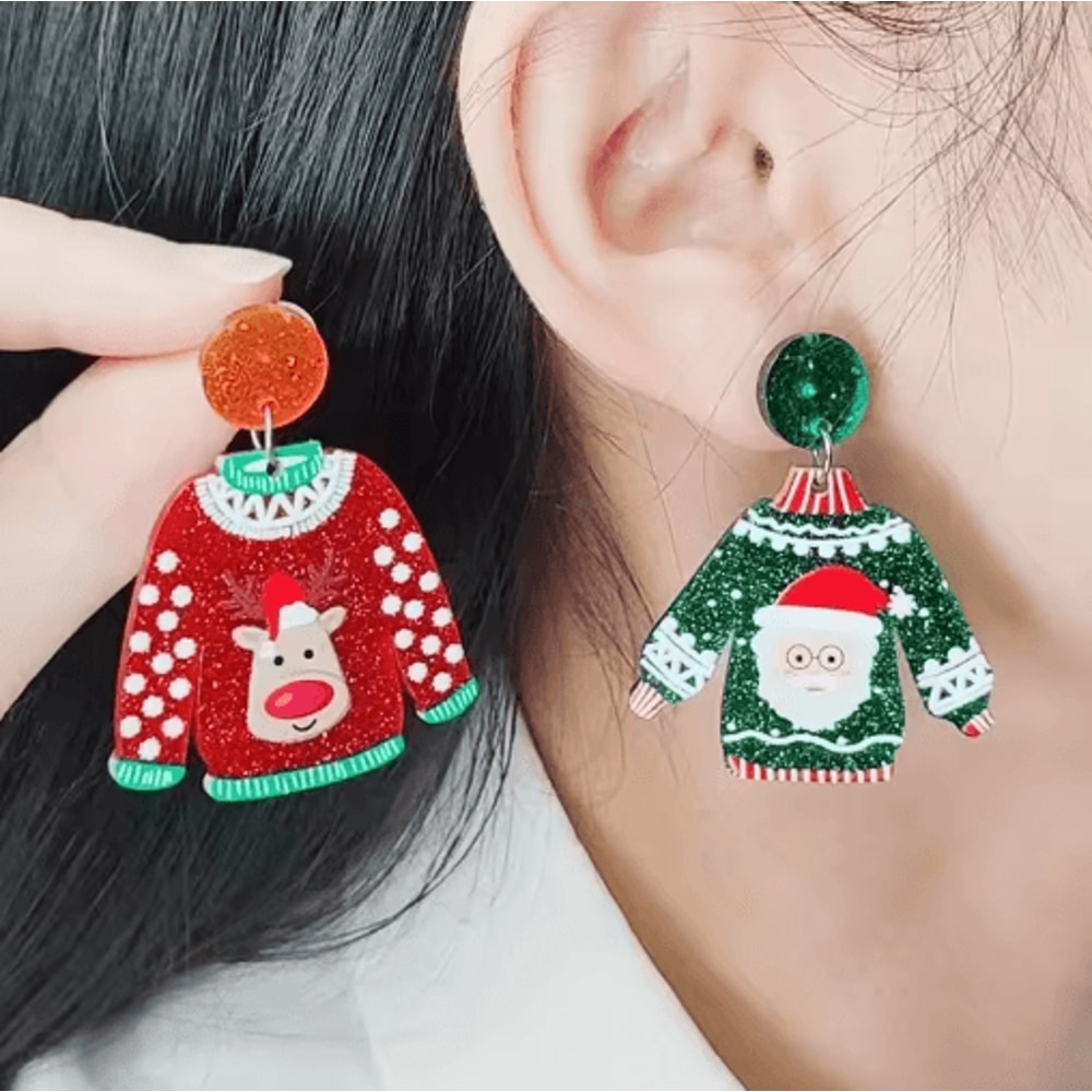Festive Christmas Sweater Earrings Acrylic Santa And Snowflake Holiday Dangle Earrings 0