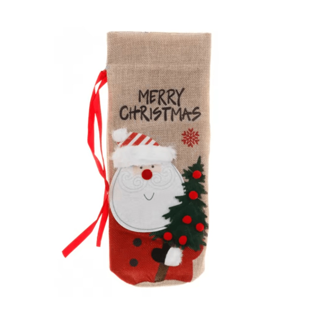 Merry Christmas Linen Wine Bottle Cover Rustic Holiday Bottle Decoration 2
