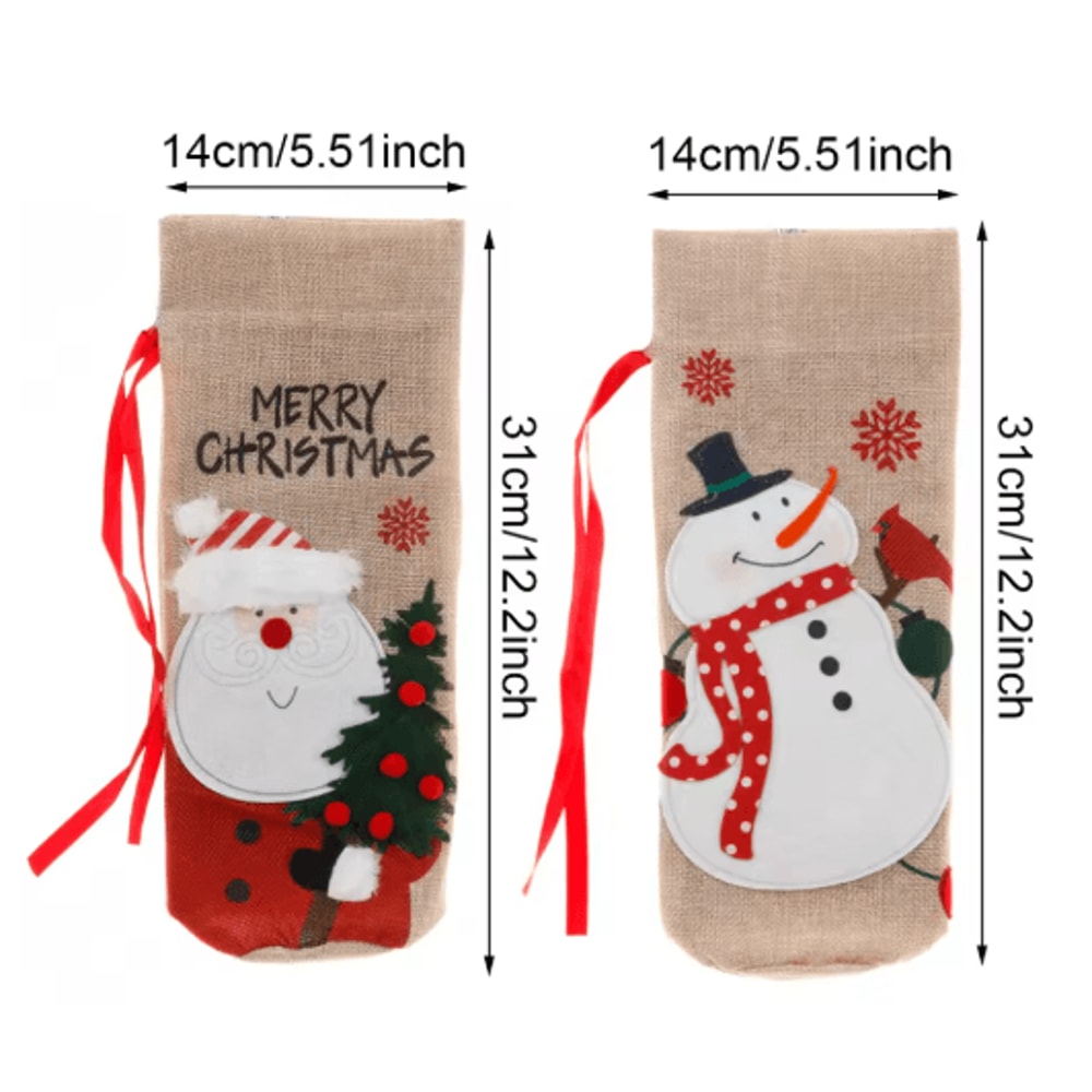 Merry Christmas Linen Wine Bottle Cover Rustic Holiday Bottle Decoration 5