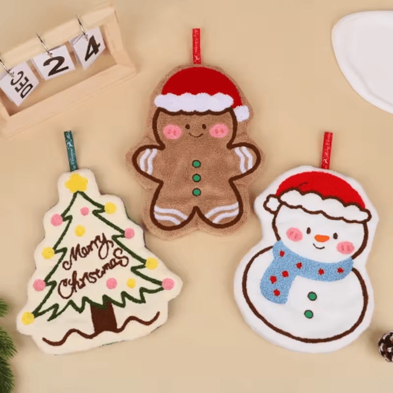 Festive Christmas Hand Towels Gingerbread Snowman And Tree Coral Fleece Hanging Towels 1 To 3 PCS 8