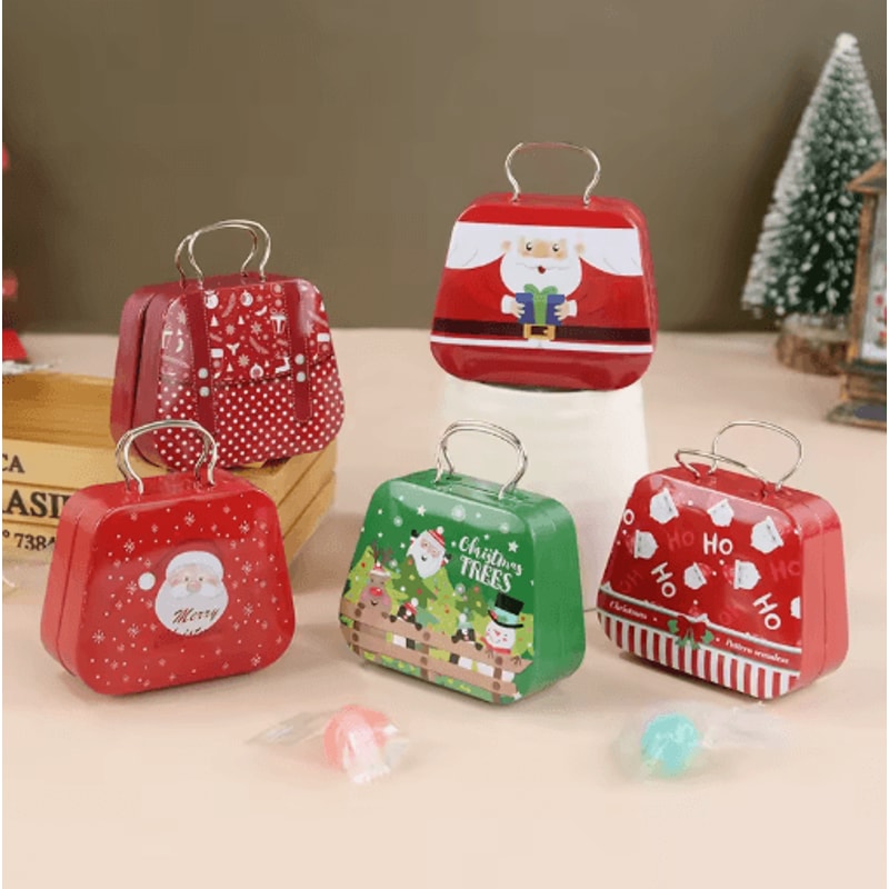 Festive Christmas Tin Handbag Gift Box Reusable Candy Cookie Treat Container 0