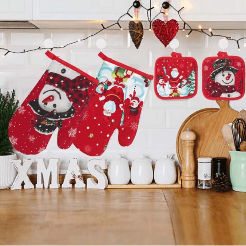 Festive Christmas Oven Gloves Heat Resistant Holiday Kitchen Mitts 5
