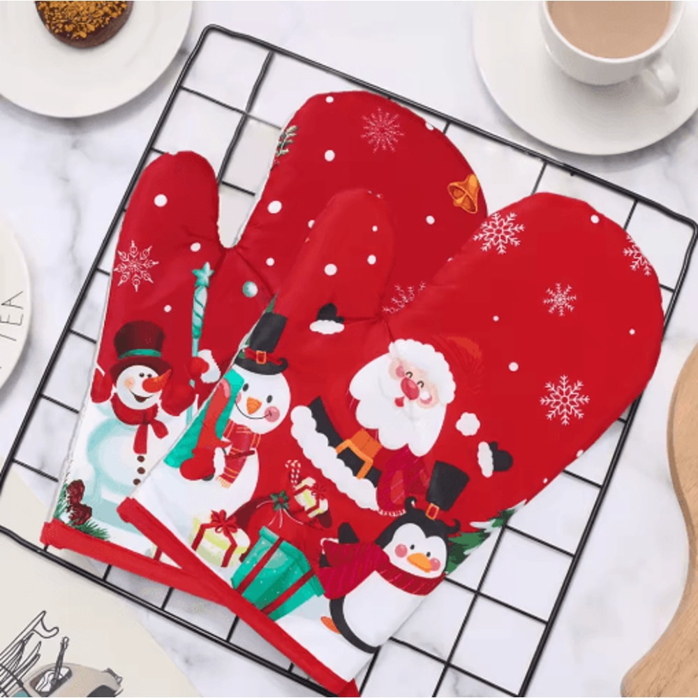 Festive Christmas Oven Gloves Heat Resistant Holiday Kitchen Mitts 7