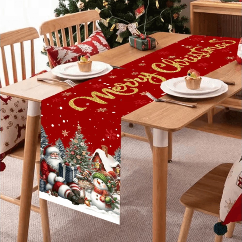 Red Christmas Santa Snowman Table Runner Festive Holiday Table Decor 2