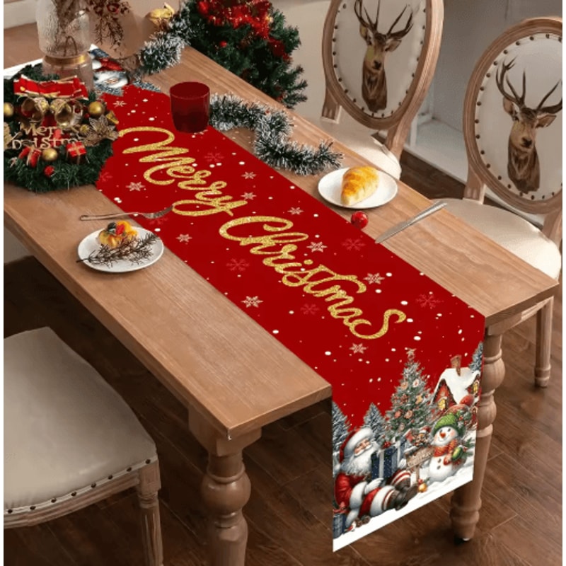 Red Christmas Santa Snowman Table Runner Festive Holiday Table Decor 5