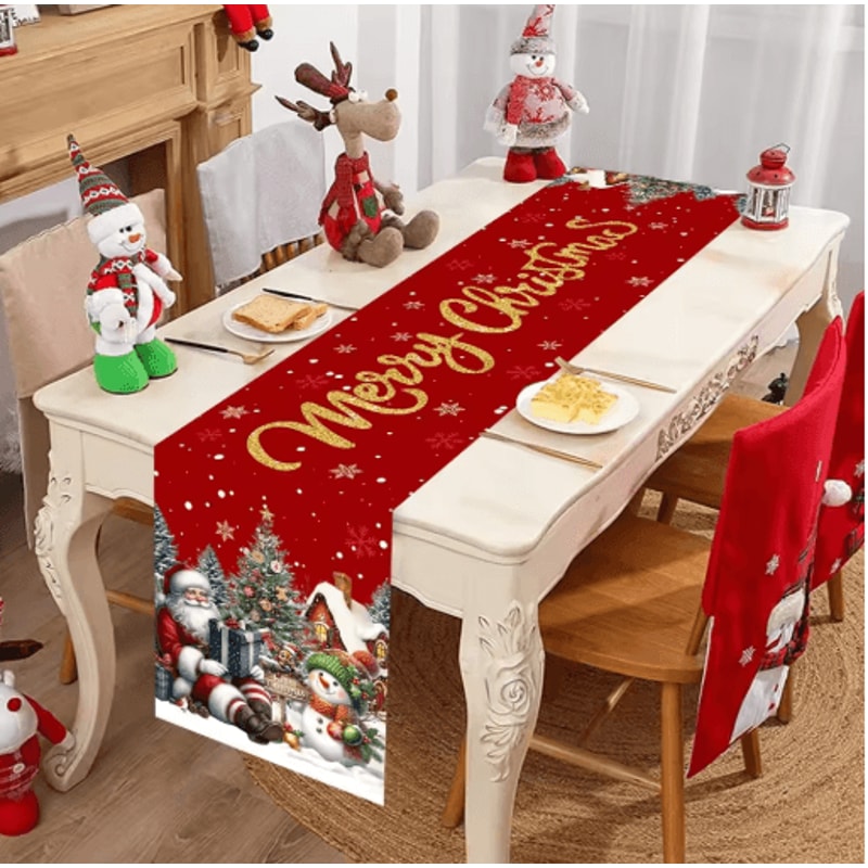Red Christmas Santa Snowman Table Runner Festive Holiday Table Decor 0