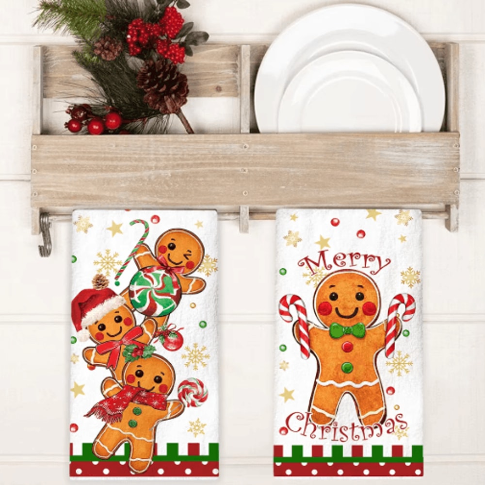 Festive Gingerbread Christmas Kitchen Towels 2PCS Holiday Dish Towel Set 3