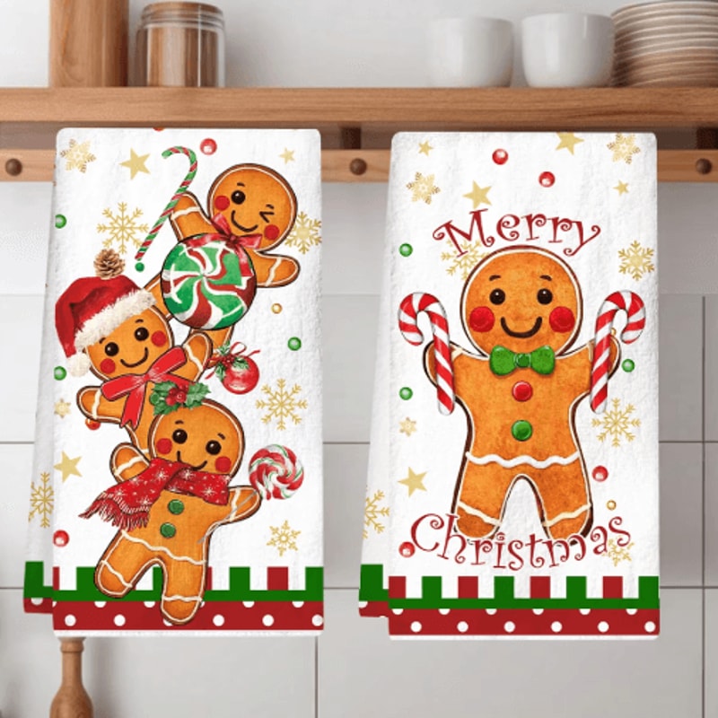 Festive Gingerbread Christmas Kitchen Towels 2PCS Holiday Dish Towel Set 0