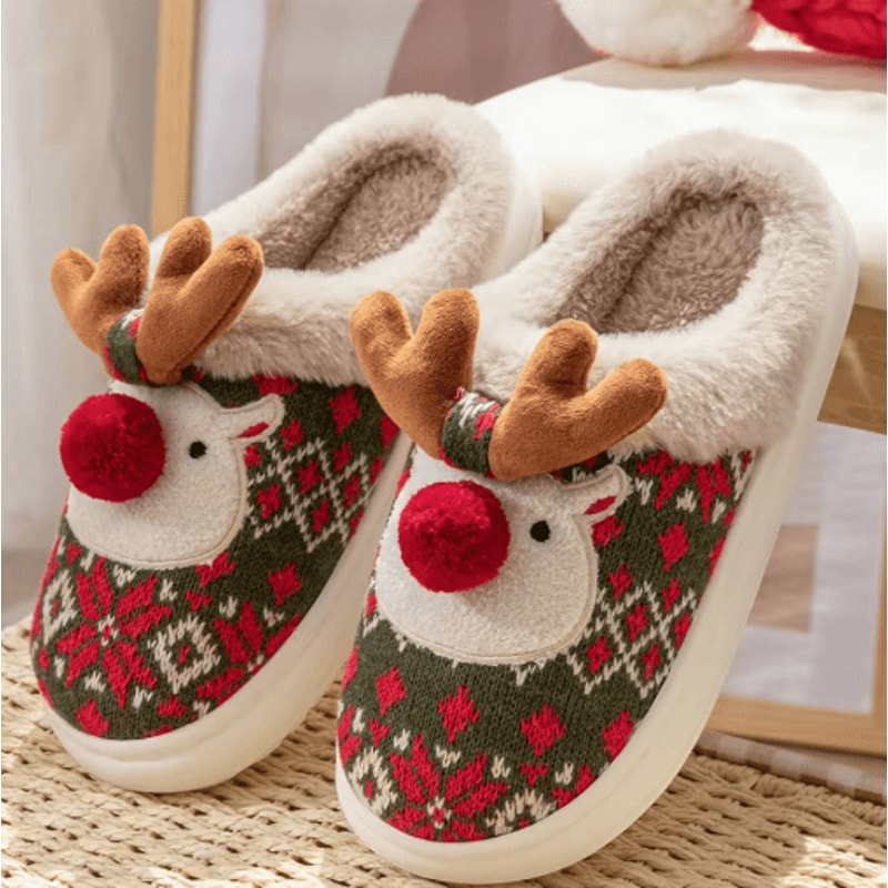 Cute Christmas Deer Womens Winter Slippers Cozy NonSlip House Shoes 6