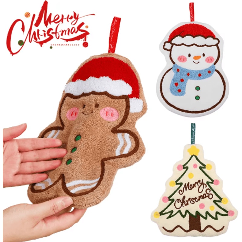 Festive Christmas Hand Towel Cute Gingerbread Man Snowman Holiday Towel 4
