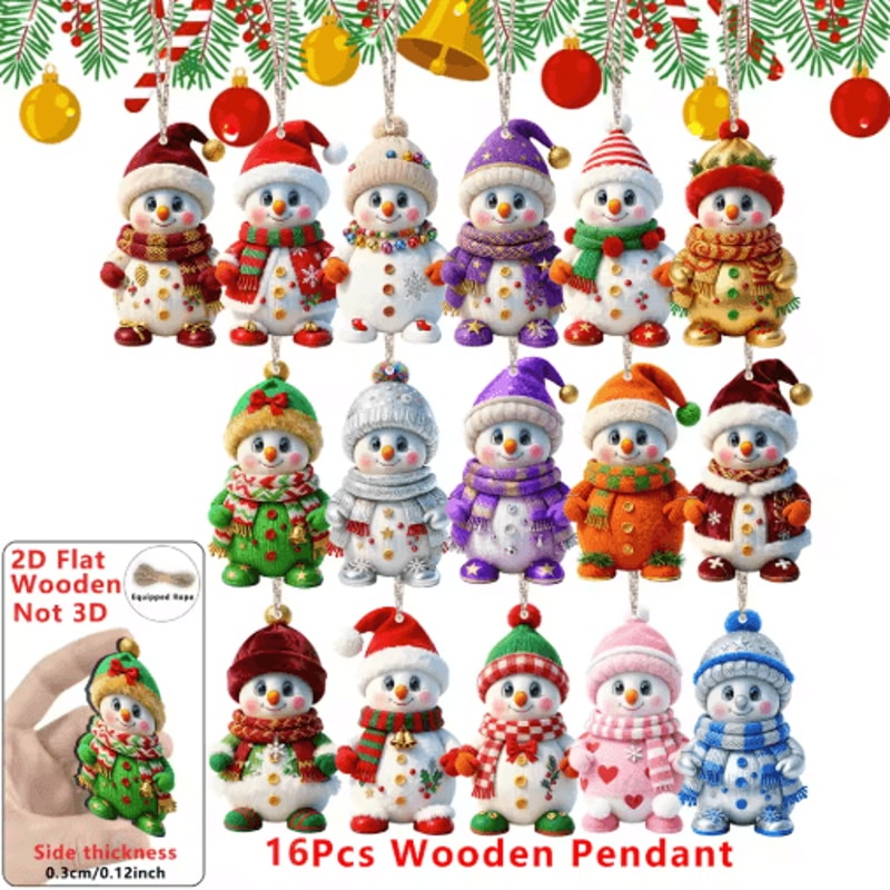 16Piece Snowman Christmas Ornaments Cute Wooden Tree Hanging Decorations 1