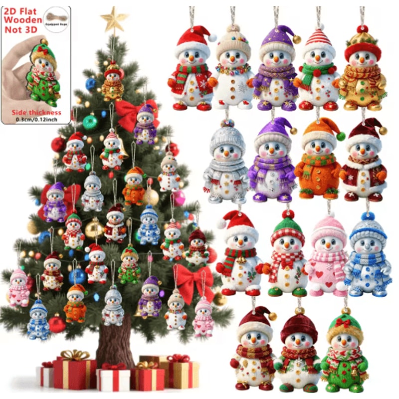 16Piece Snowman Christmas Ornaments Cute Wooden Tree Hanging Decorations 6