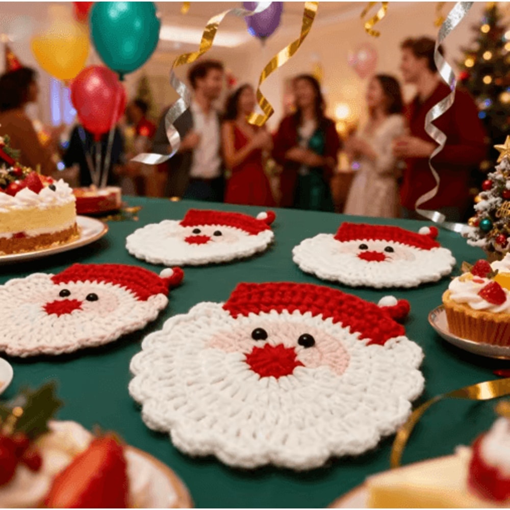 Handmade Crochet Santa Coaster Festive Heat Resistant Christmas Drink Mat 3