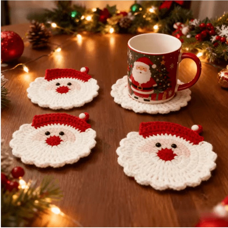 Handmade Crochet Santa Coaster Festive Heat Resistant Christmas Drink Mat 0