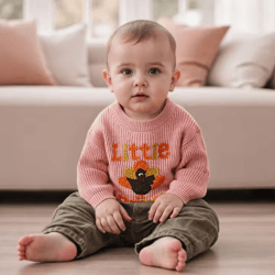 infant thanksgiving sweater with turkey embroidery and crewneck design for cozy fall days - long sleeve knit top for bab